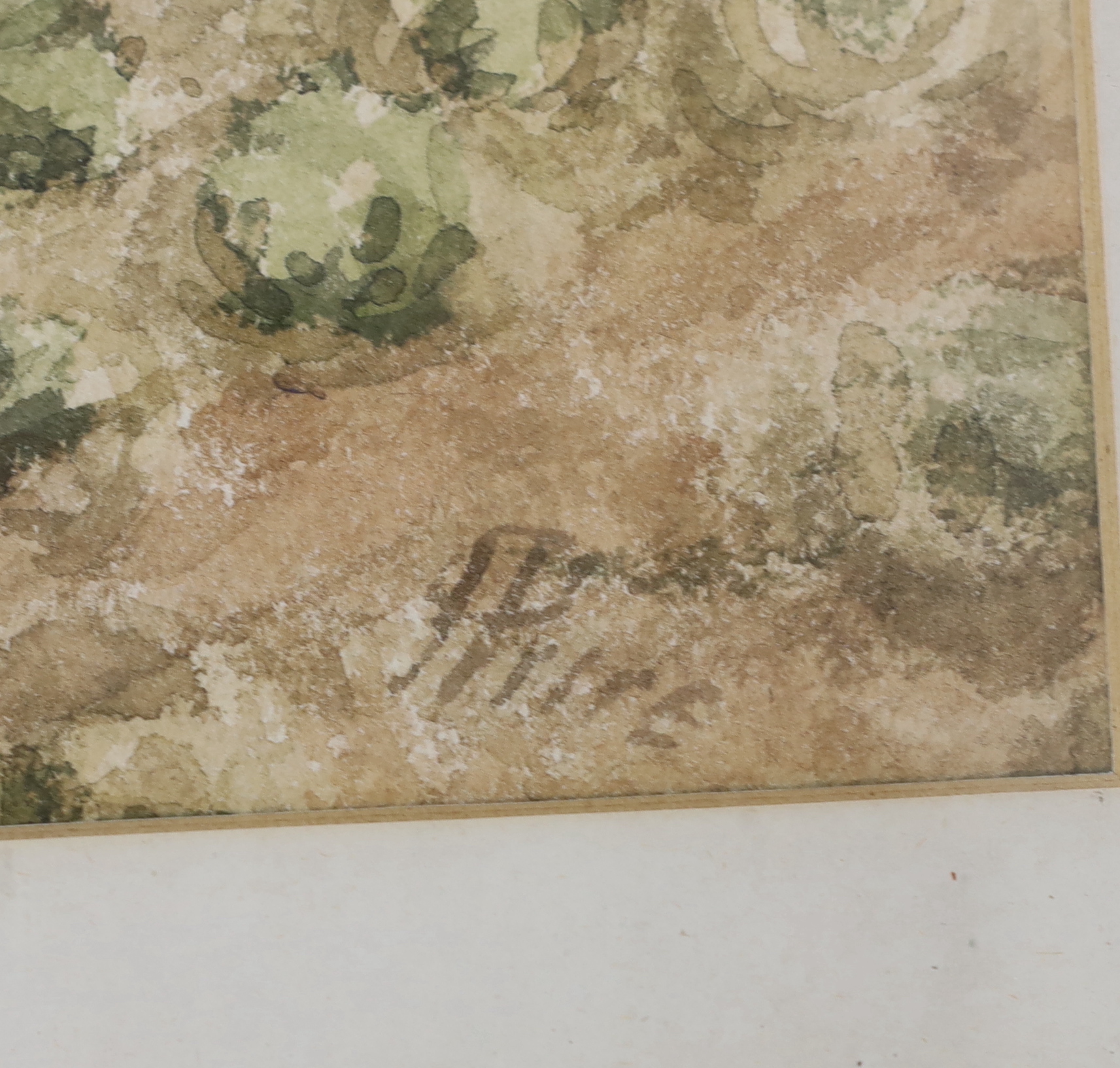 19th century English School, watercolour, Rural landscape with shepherd and flock, indistinctly signed and inscribed, 74 x 54cm